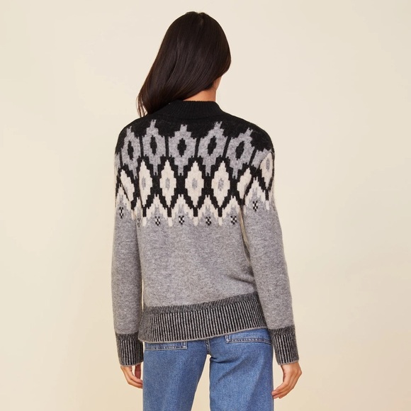 MONROW Mock Neck Fair Isle Sweater In Heather Grey XS - Picture 3 of 6